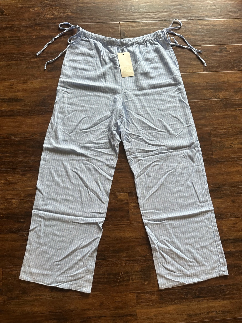 NWT Zara Light Blue Striped Tie-Waist Lounge Pants